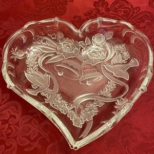 Vintage Heart Shape MIKASA Crystal Trinket Candy Dish Frosted Bells Roses Birds